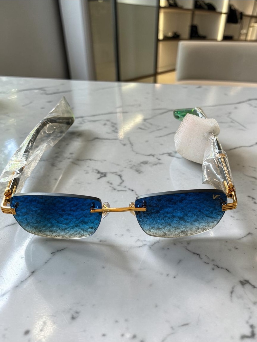 VF Bal Harbour Buffs Blue Gradient Rimless Sunglasses Gold Detail Resort Shades